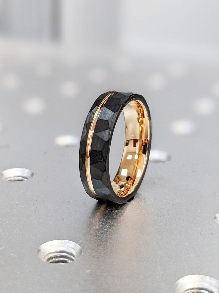 Rose Gold Tungsten Carbide Mens Promise Ring | 6MM Comfort Fit Black Wedding Band | Brushed Finish Hammered Ring | Stylish Gothic His Ring