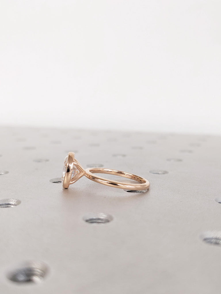 14K Rose Gold Oval Bezel Moissanite Ring, Solid Gold Solitaire Bridal Ring