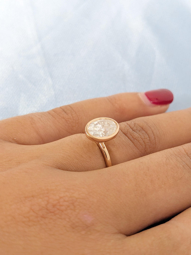 Certified Lab Grown Diamond Engagement Ring, 14K Rose Gold Oval Cut Unique Diamond Ring, Bezel Set Diamond Wedding Ring, Lab Diamond Jewelry