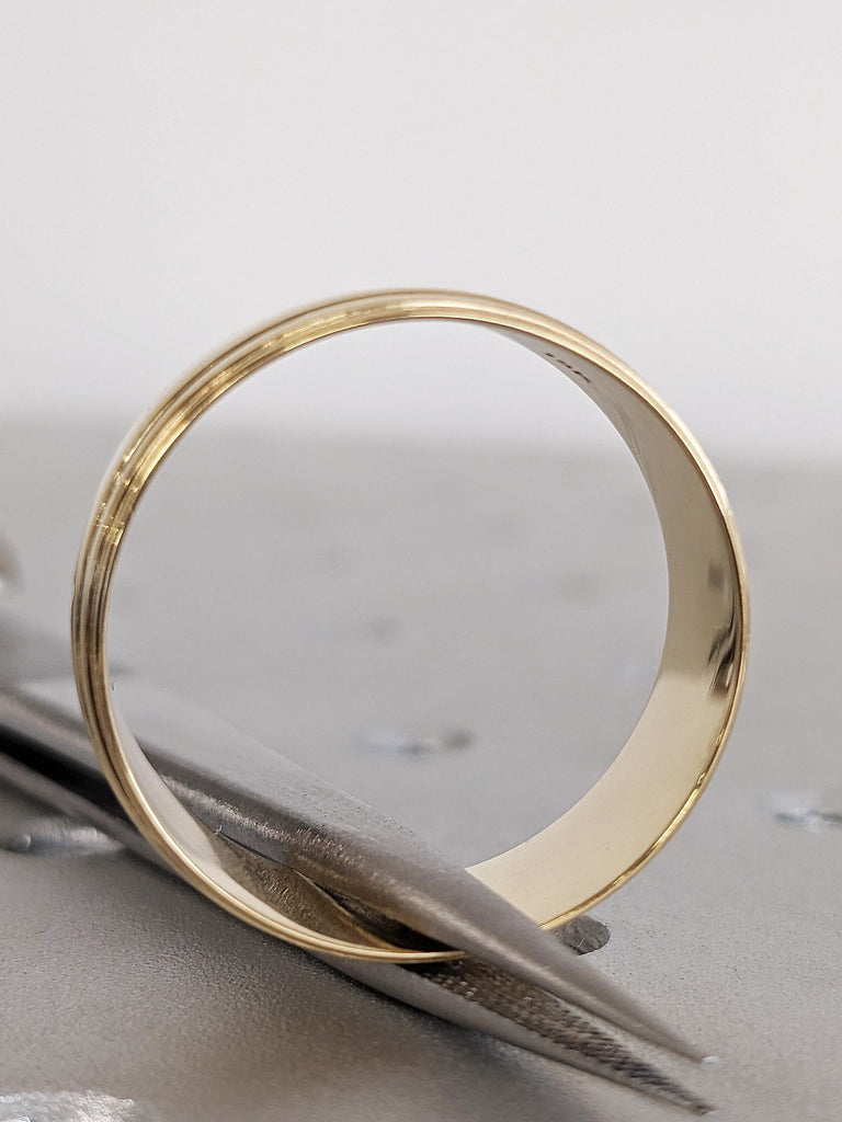 Classic Gold Men’s Engagement Ring, Layered Line Design Wedding Band, 10mm Custom Gold Ring, Everyday Jewelry