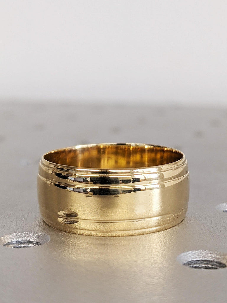 18K Solid Yellow Gold Wedding Band, Classic Layered Line Men's Engagement Ring, Plain 10mm Ring, Custom Gold Band, Wedding Anniversary Gift