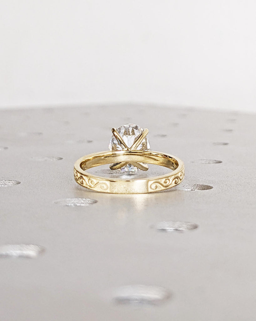Oval Moissanite Solitaire Promise Ring | Vintage Inspired 14K 18K Yellow Gold Band for Her | Filigree Scrollwork Pattern Women Wedding Band