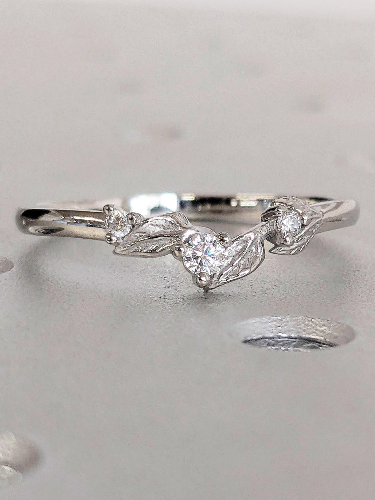 Diamond Vine Leaf Band, Platinum Nature Inspired Ring, Chevron Leaf Wedding Band, Handmade Women's Jewelry