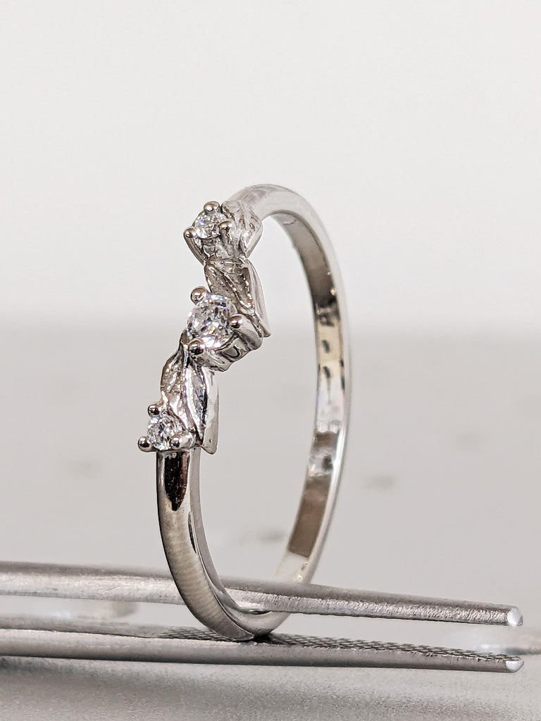 Nature Diamond Matching Ring, Platinum Leaf Wedding Band, Round Diamond Curved Vine Leaf Band, Unique Bridal Engagement Stacking Ring