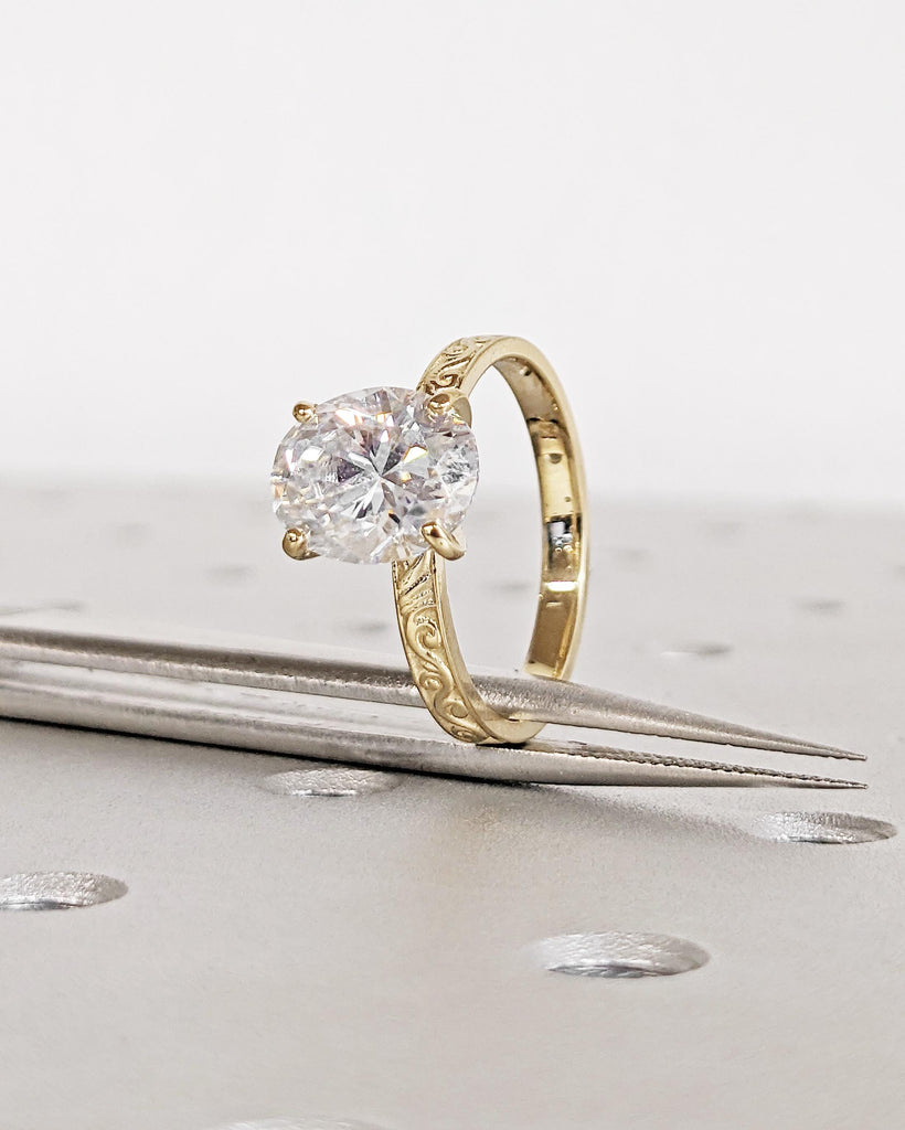 Oval Moissanite Solitaire Promise Ring | Vintage Inspired 14K 18K Yellow Gold Band for Her | Filigree Scrollwork Pattern Women Wedding Band