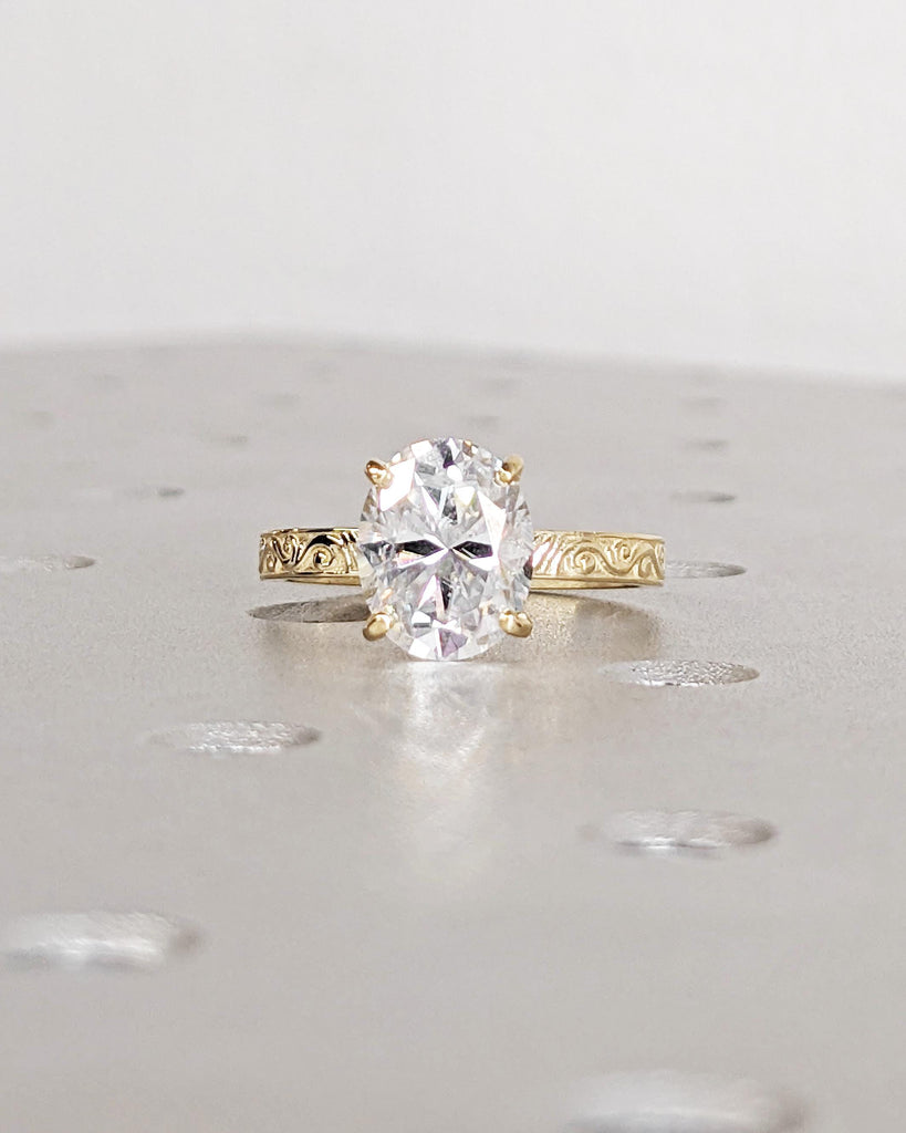 Oval Lab Diamond Solitaire Wedding Anniversary Promise Ring, Swirl Pattern Bridal Band, Custom Scrollwork Engraving Antique Women Gold Band