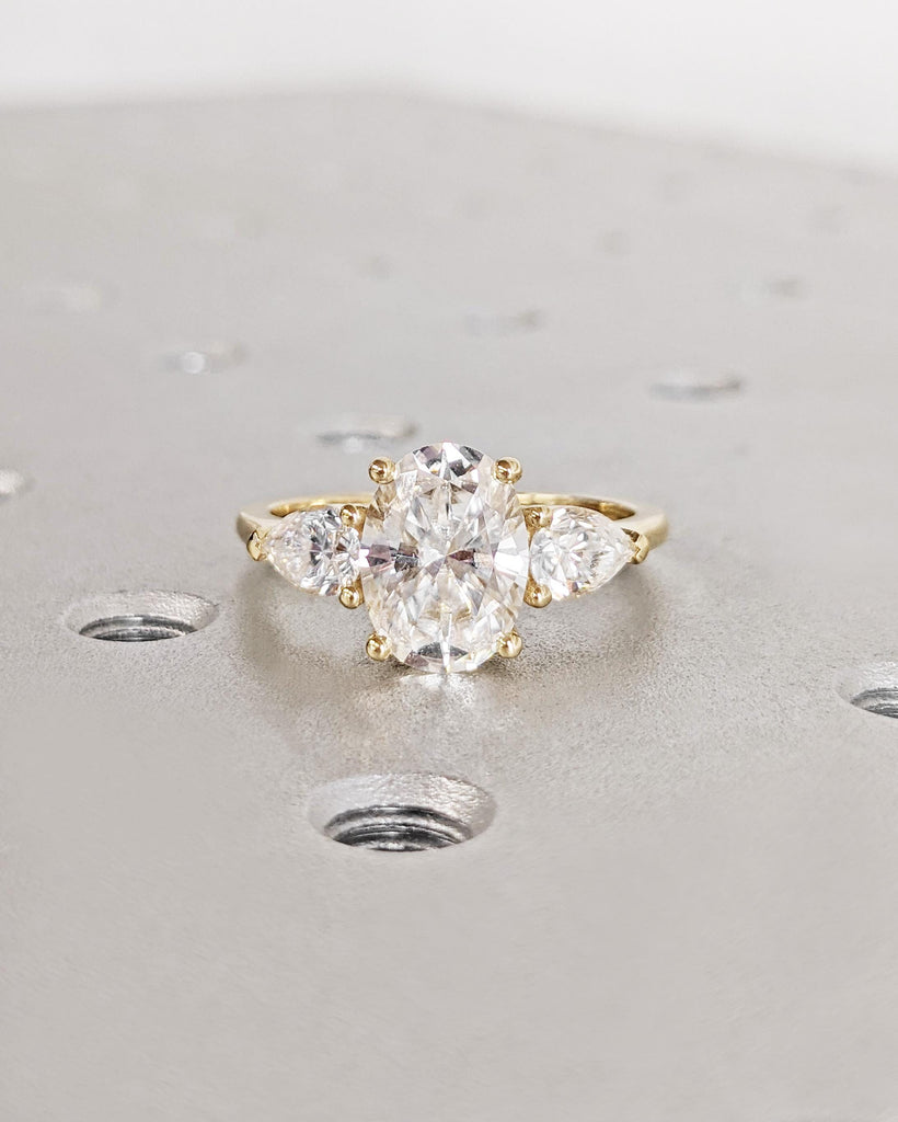 Three Stone Oval Engagement Ring, IGI Certified Lab Created Diamond with Pear Cut Moissanite or Lab Diamond Accents, 14K Yellow Gold