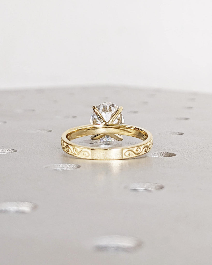 2.5CT Oval Lab Grown Diamond Solitaire Wedding Anniversary Promise Ring, Custom Scrollwork Engraving Antique Swirl Pattern, Bridal Gold Band