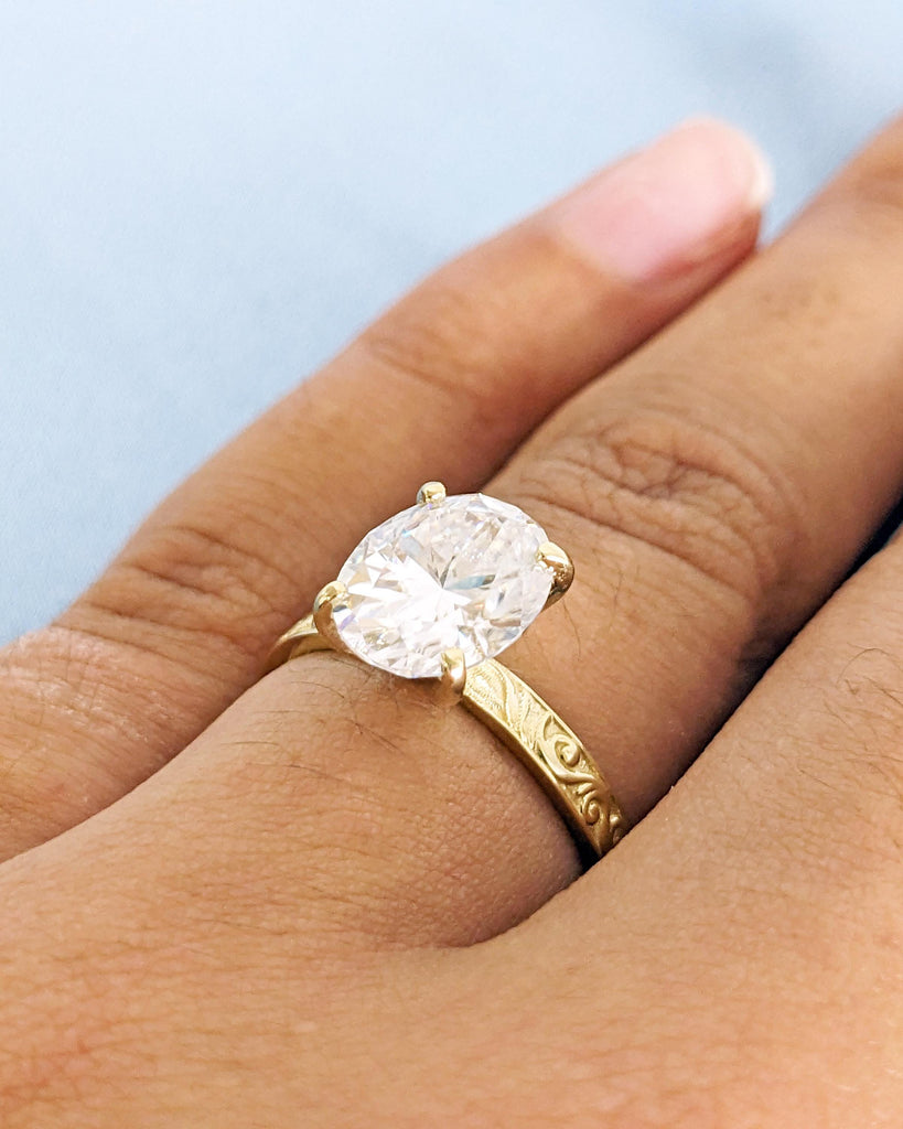 2.5CT Oval Lab Grown Diamond Solitaire Wedding Anniversary Promise Ring, Custom Scrollwork Engraving Antique Swirl Pattern, Bridal Gold Band