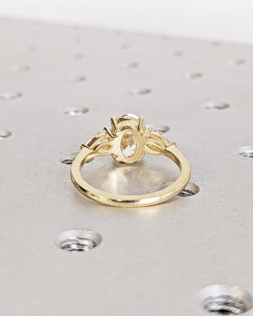 Three Stone Oval Engagement Ring, IGI Certified Lab Created Diamond with Pear Cut Moissanite or Lab Diamond Accents, 14K Yellow Gold
