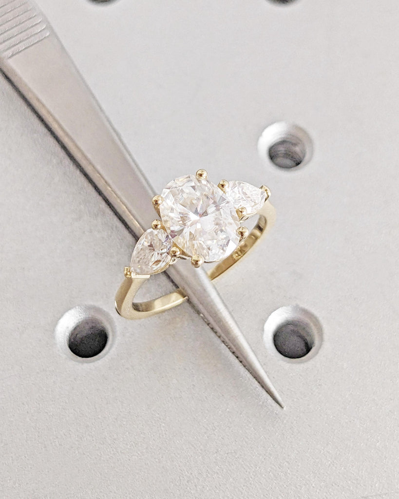 Oval Cut Lab Grown Diamond Ring IGI Certified, Three Stone Diamond Engagement Ring, Pear Cut Side Moissanites, 14K Gold Vintage Wedding Ring