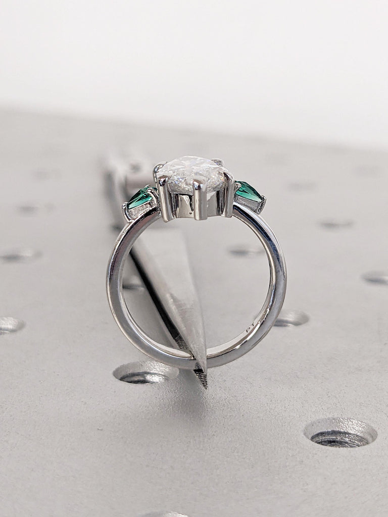 Platinum Ring, Marquise Moissanite, Kite Cut Lab Emerald Three Stone Engagement Ring