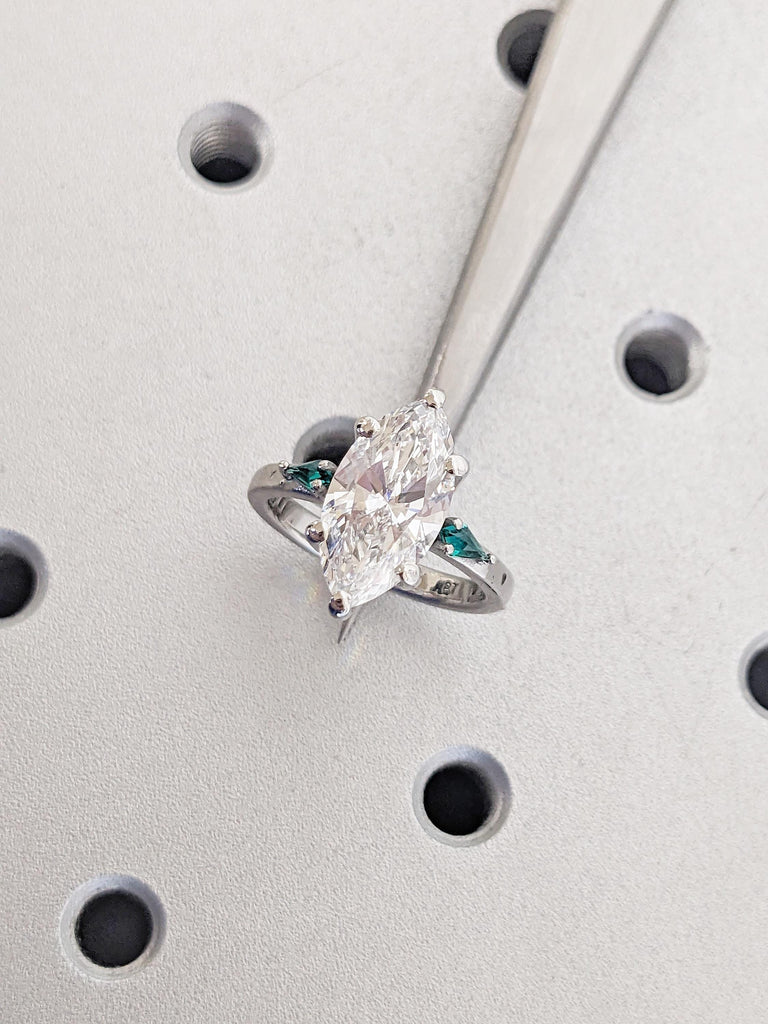 0.5-4ct Marquise Moissanite Engagement Ring, Art Deco Kite Cut Lab Emerald Side Stones, Platinum Wedding Ring, Personalized Statement Ring