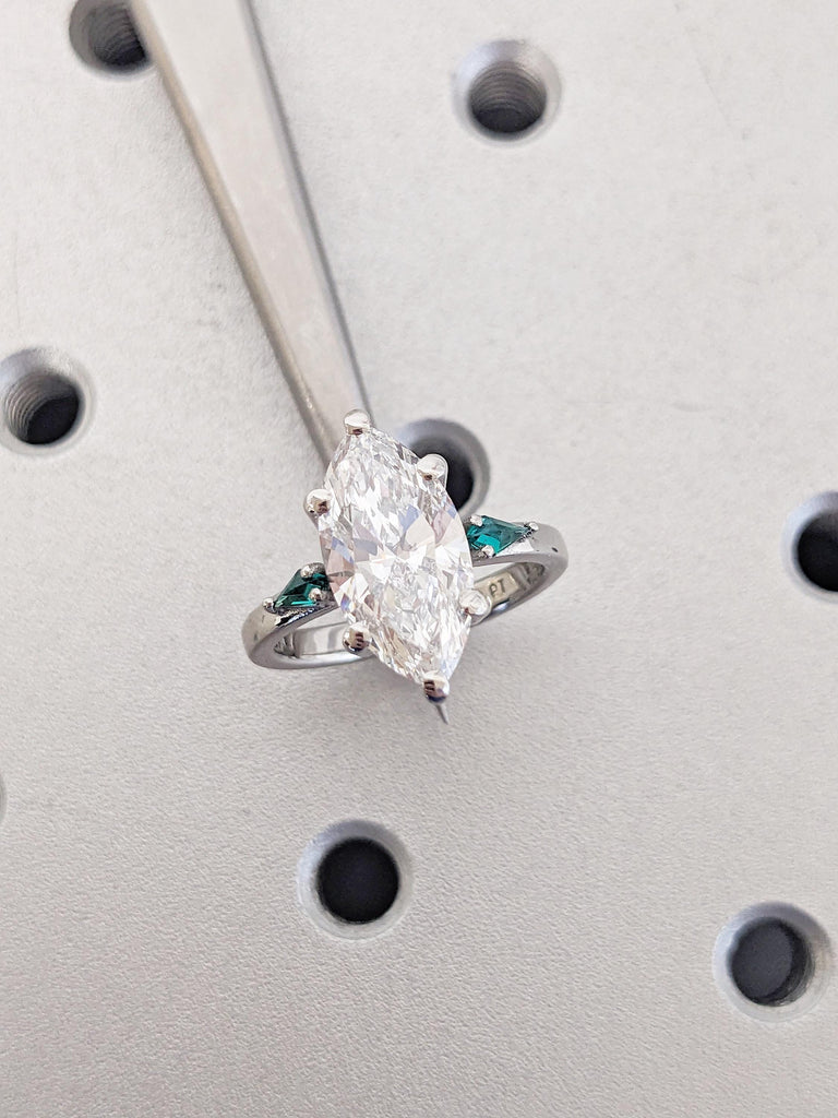 Platinum Ring, Marquise Moissanite, Kite Cut Lab Emerald Three Stone Engagement Ring