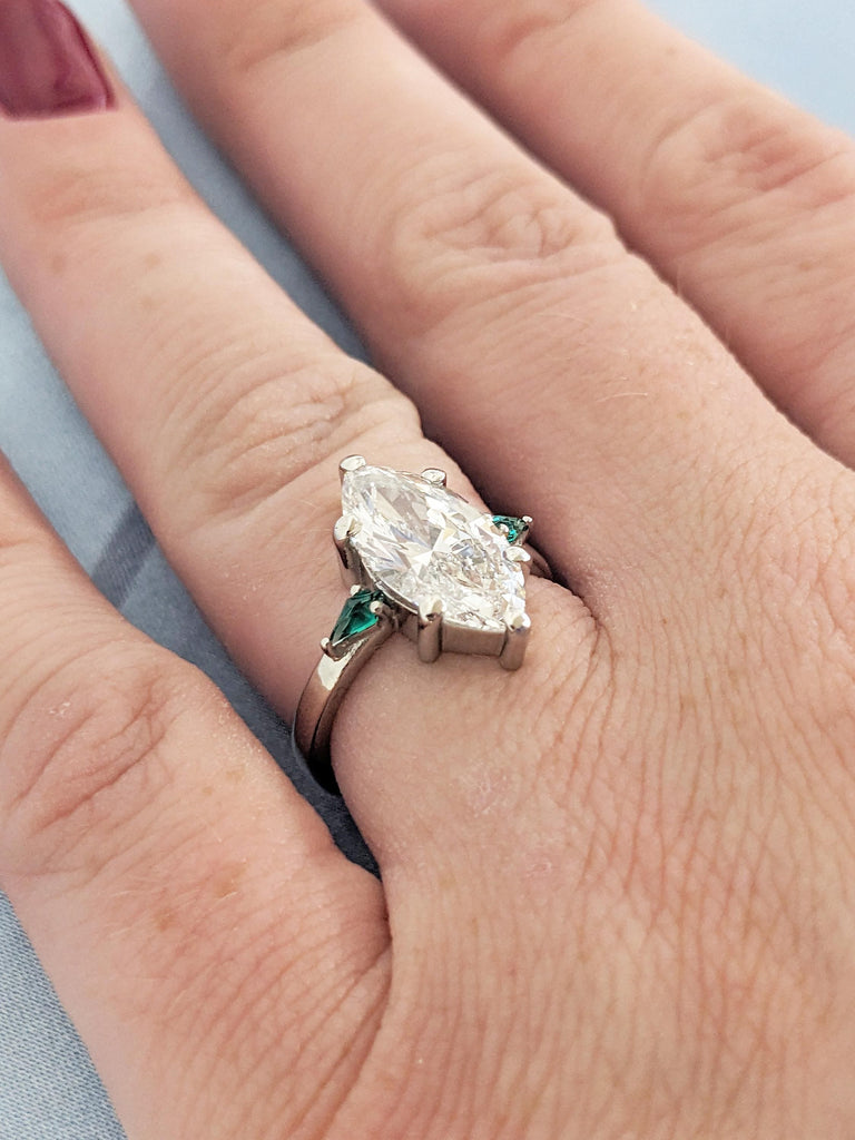 0.5-4ct Marquise Moissanite Engagement Ring, Art Deco Kite Cut Lab Emerald Side Stones, Platinum Wedding Ring, Personalized Statement Ring