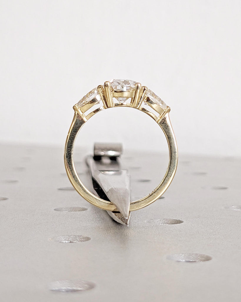 Oval Moissanite Engagement Ring, Vintage Unique Pear Cluster Ring, Three Stone Engagement Ring, Vintage Promise Ring Women, 14K Yellow Gold