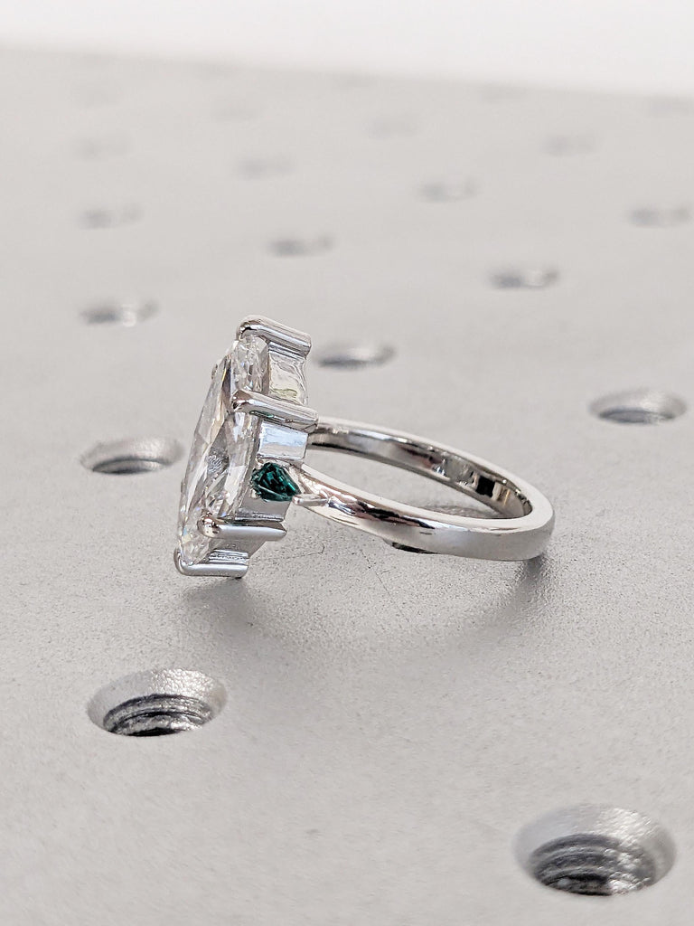 Marquise Lab Grown Diamond Engagement Ring with Kite Cut Lab Emerald Side Stones
