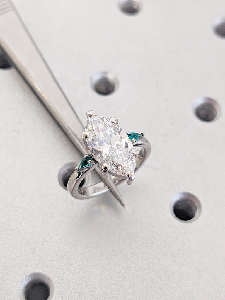 1ct, 2ct Lab Grown Diamond and Lab Emerald Engagement Ring, Marquise, Kite Cut Platinum Ring, Unique Three Stone Wedding Anniversary Ring