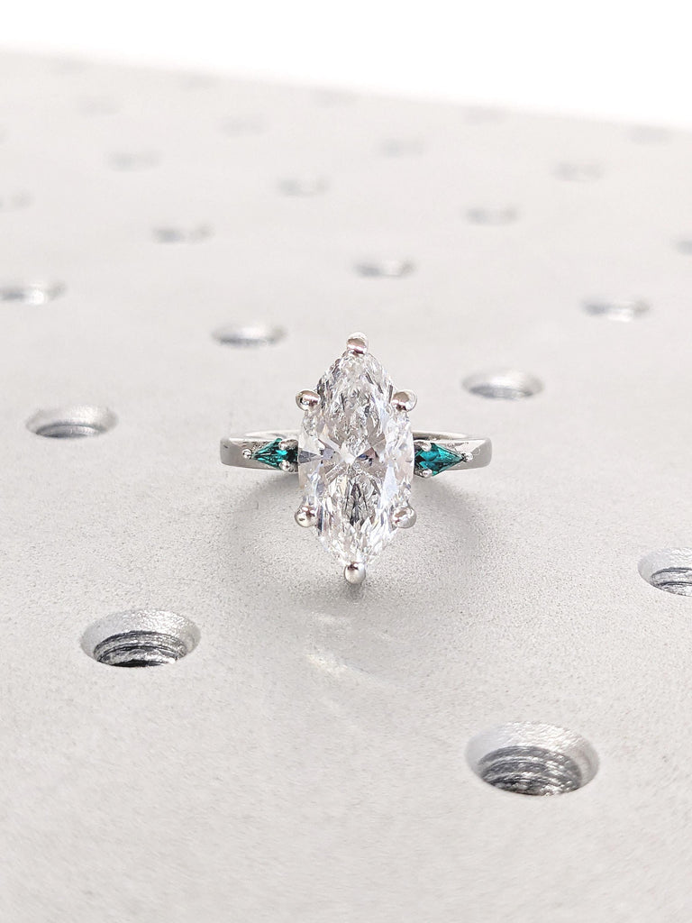 Platinum Ring, Marquise Moissanite, Kite Cut Lab Emerald Three Stone Engagement Ring