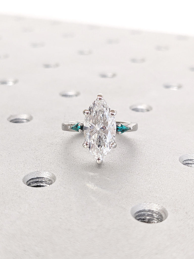 0.5-4ct Marquise Moissanite Engagement Ring, Art Deco Kite Cut Lab Emerald Side Stones, Platinum Wedding Ring, Personalized Statement Ring