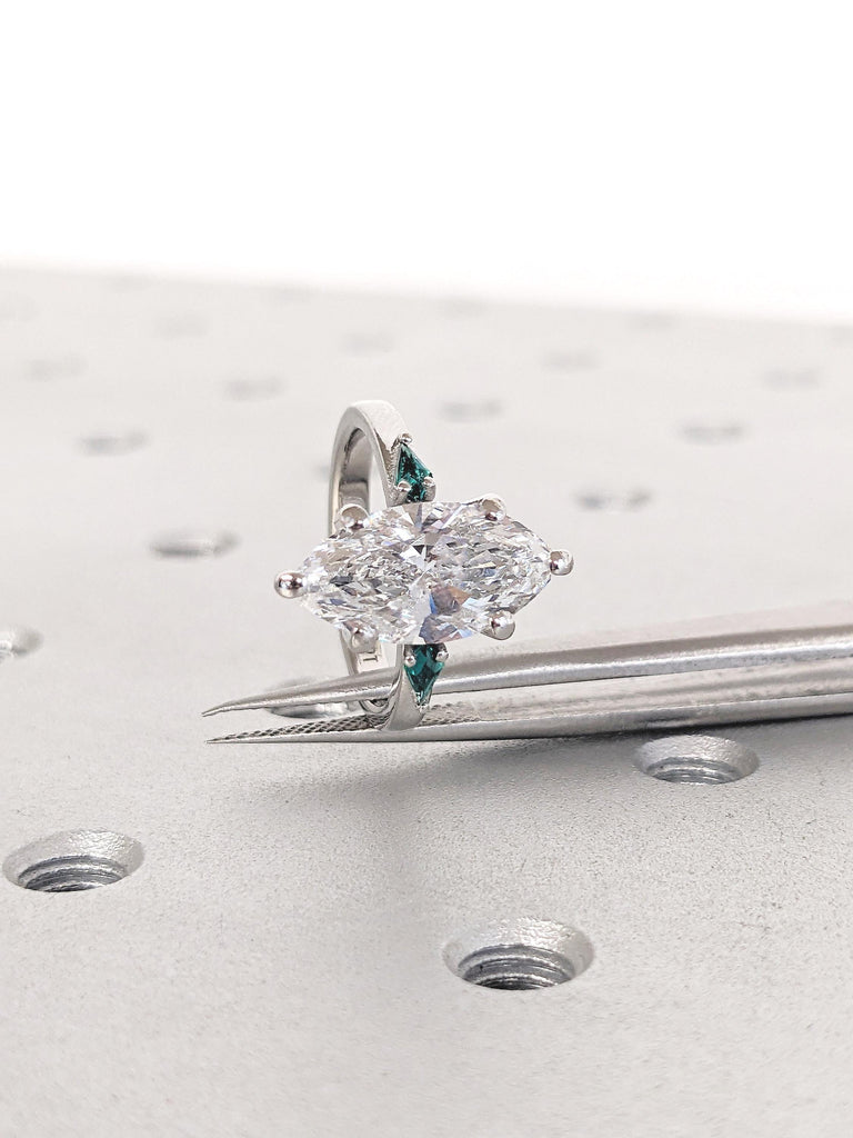 0.5-4ct Marquise Moissanite Engagement Ring, Art Deco Kite Cut Lab Emerald Side Stones, Platinum Wedding Ring, Personalized Statement Ring