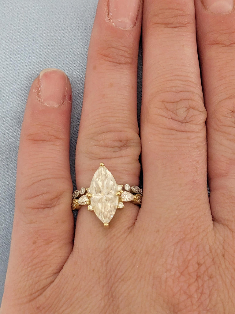 14K Yellow Gold Marquise Cut Lab Diamond Bridal Ring Set, White Gold Matching Band