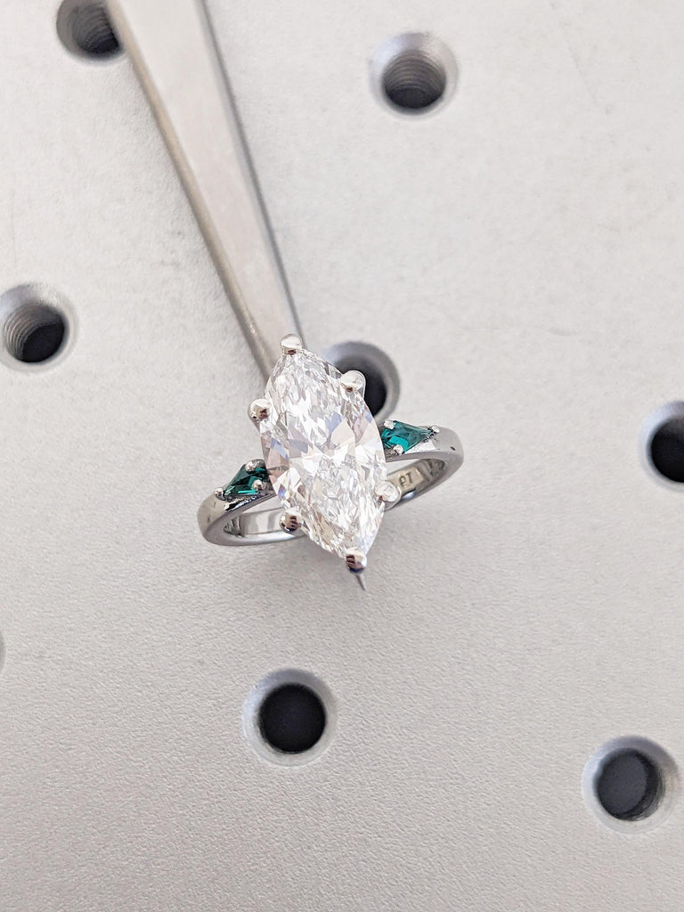 1ct, 2ct Lab Grown Diamond and Lab Emerald Engagement Ring, Marquise, Kite Cut Platinum Ring, Unique Three Stone Wedding Anniversary Ring