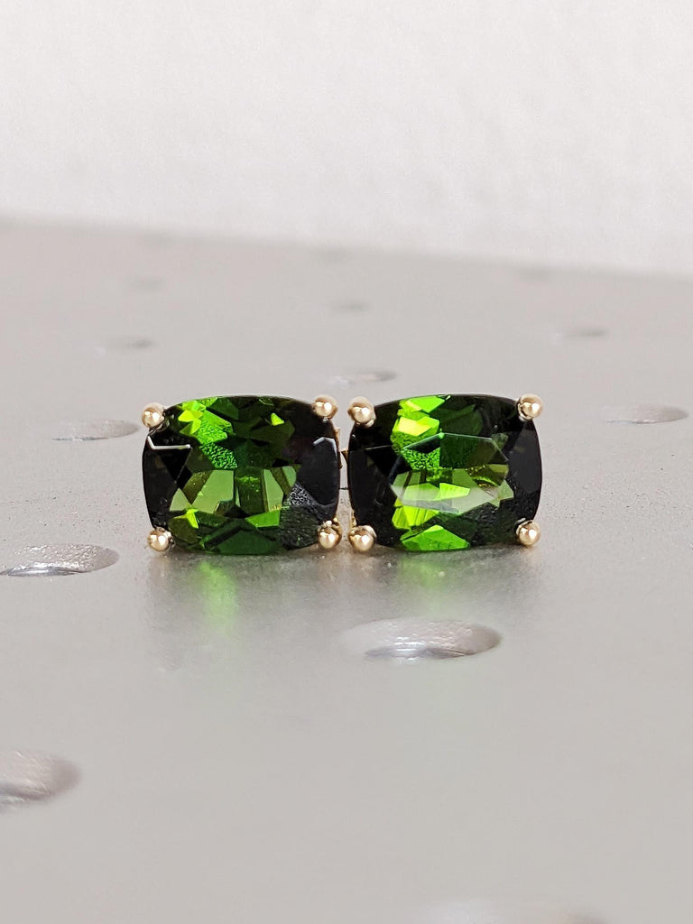 Rare Gold Tourmaline Studs Earrings, Cushion Cut Green Birthstone Studs, 14K Yellow Gold Screw Back Earrings