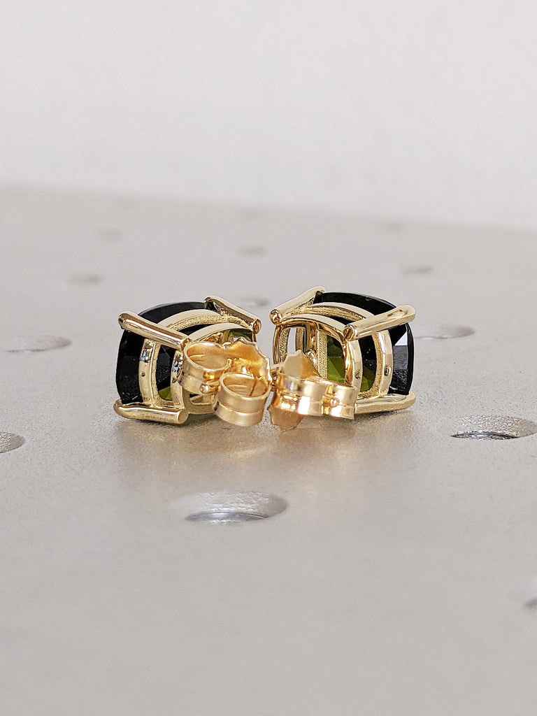 Cushion Cut Green Tourmaline Stud Earrings, 14K Solid Yellow Gold Screw Back Stones Studs, Libra Birthstone Earrings, Everyday Gold Jewelry