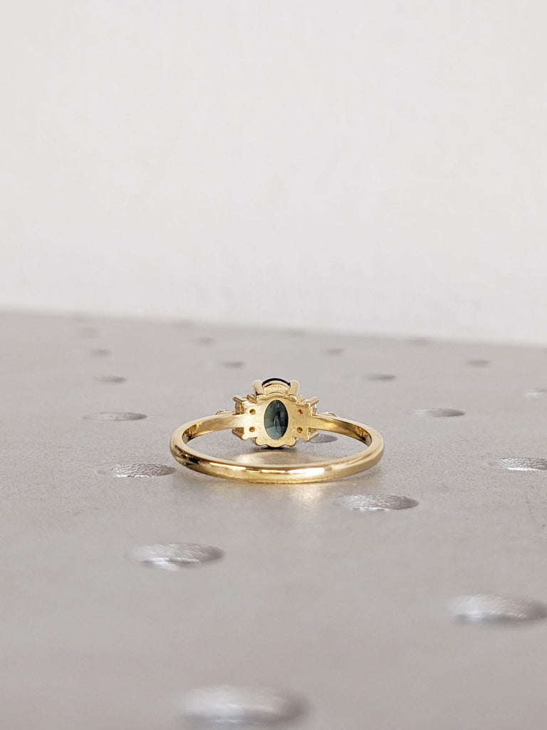 1ct Oval Green Sapphire Engagement Ring, 18K Yellow Gold Diamond Cluster Ring, Birthstone Sapphire Wedding Ring