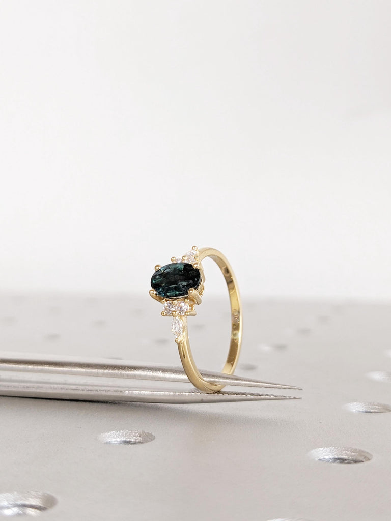 1ct Oval Green Sapphire Engagement Ring, 18K Yellow Gold Diamond Cluster Ring, Birthstone Sapphire Wedding Ring