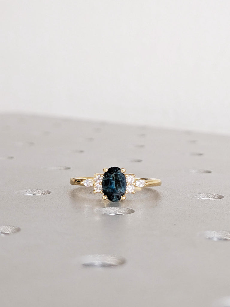 1ct Oval Green Sapphire Engagement Ring, 18K Yellow Gold Diamond Cluster Ring, Birthstone Sapphire Wedding Ring