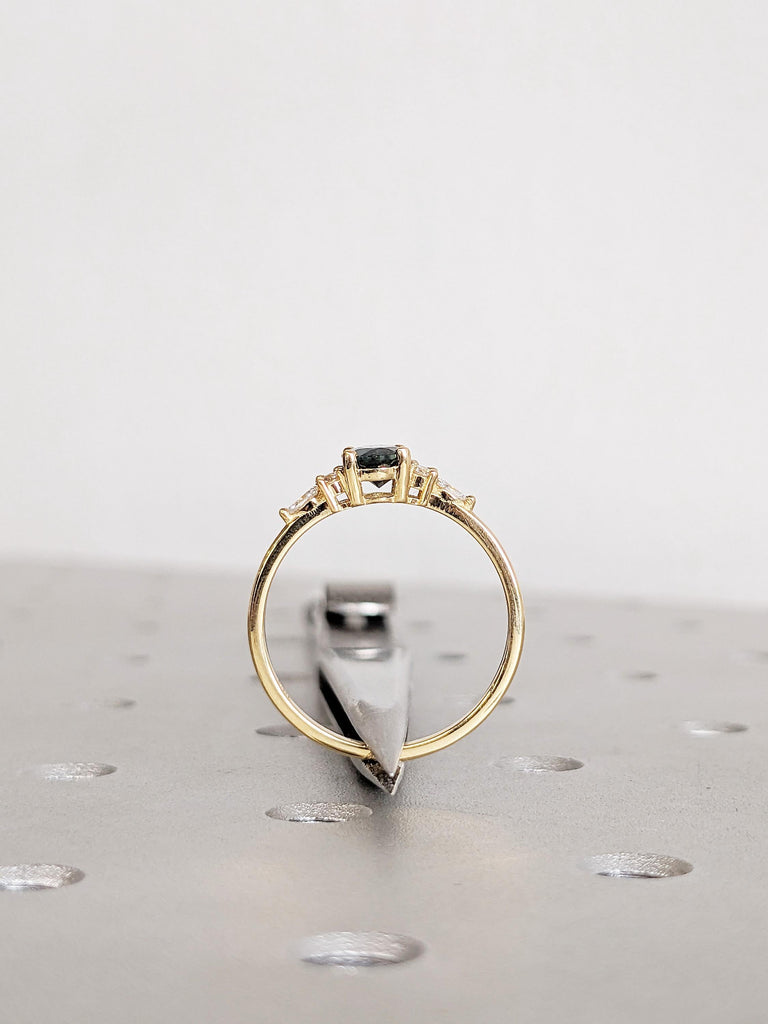 1ct Oval Green Sapphire Engagement Ring, 18K Yellow Gold Diamond Cluster Ring, Birthstone Sapphire Wedding Ring