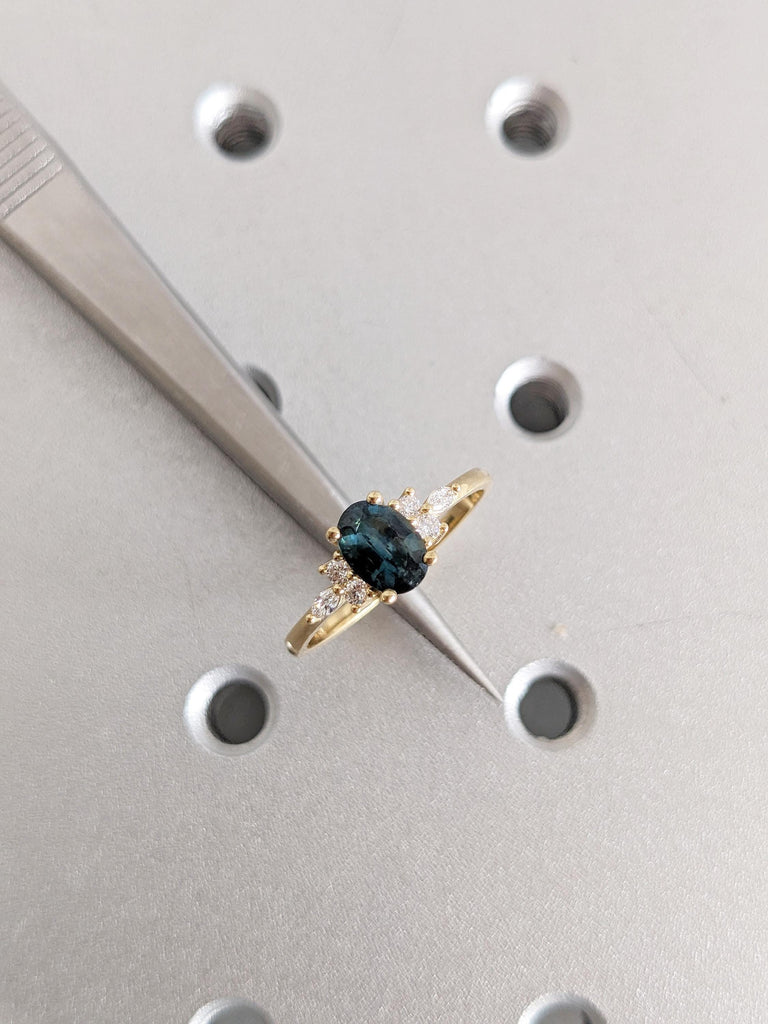 1ct Oval Green Sapphire Engagement Ring, 18K Yellow Gold Diamond Cluster Ring, Birthstone Sapphire Wedding Ring