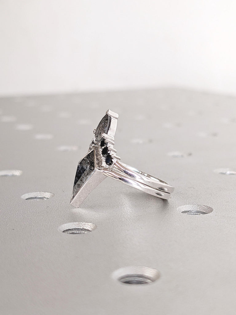 Kite Cut Salt and Pepper Diamond Engagement Ring Set, 14k White Gold Ring, Diamond Statement Ring, Black Diamond Wedding Ring, Bridal Ring