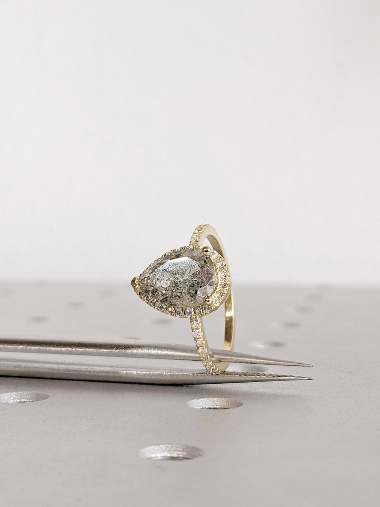 1920's Raw Salt and Pepper Diamond Engagement Ring, 14K Yellow Gold Ring, Diamond Halo Ring, Pear Cut Ring, Modern Wedding Ring Gift For Her