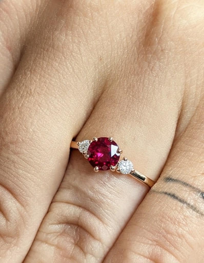 Round Ruby Engagement Ring, 14K Gold Ring, Rose Gold Band, Prong Set Side Diamond, July Birthstone Ring, Lab Ruby Bridal Jewelry For Woman