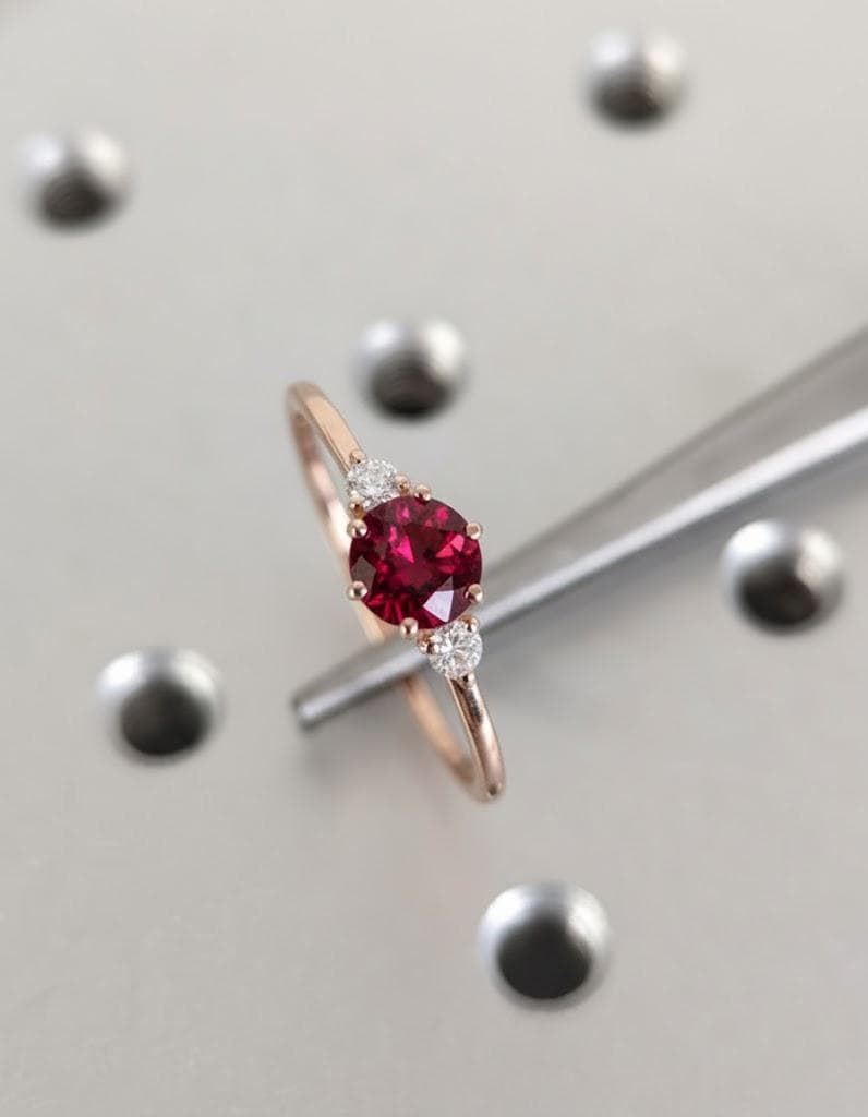 Round Ruby Engagement Ring, 14K Gold Ring, Rose Gold Band, Prong Set Side Diamond, July Birthstone Ring, Lab Ruby Bridal Jewelry For Woman