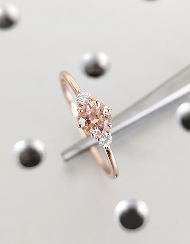 Lab Morganite Engagement Ring, 14K Rose Gold Three Stone Lab Morganite Wedding Ring, Round Cut Peach Birthstone, Women's Anniversary Ring