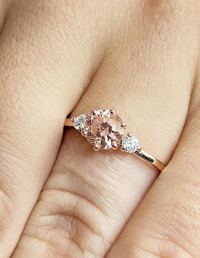 14K Rose Gold Engagement Ring: Round Cut Lab Morganite Peach Anniversary Ring, June Birthstone