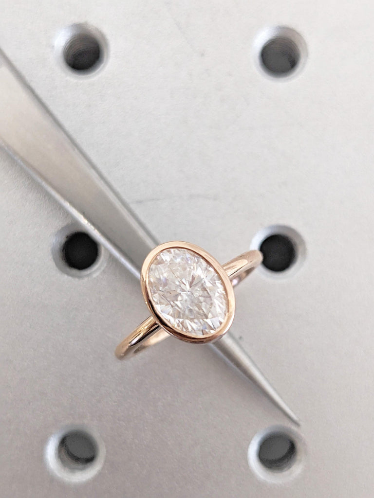 14K Solid Gold Oval Bezel Set Solitaire Moissanite Engagement Ring, Unique Rose Gold Moissanite Ring, Women's Statement Ring, Bridal Jewelry