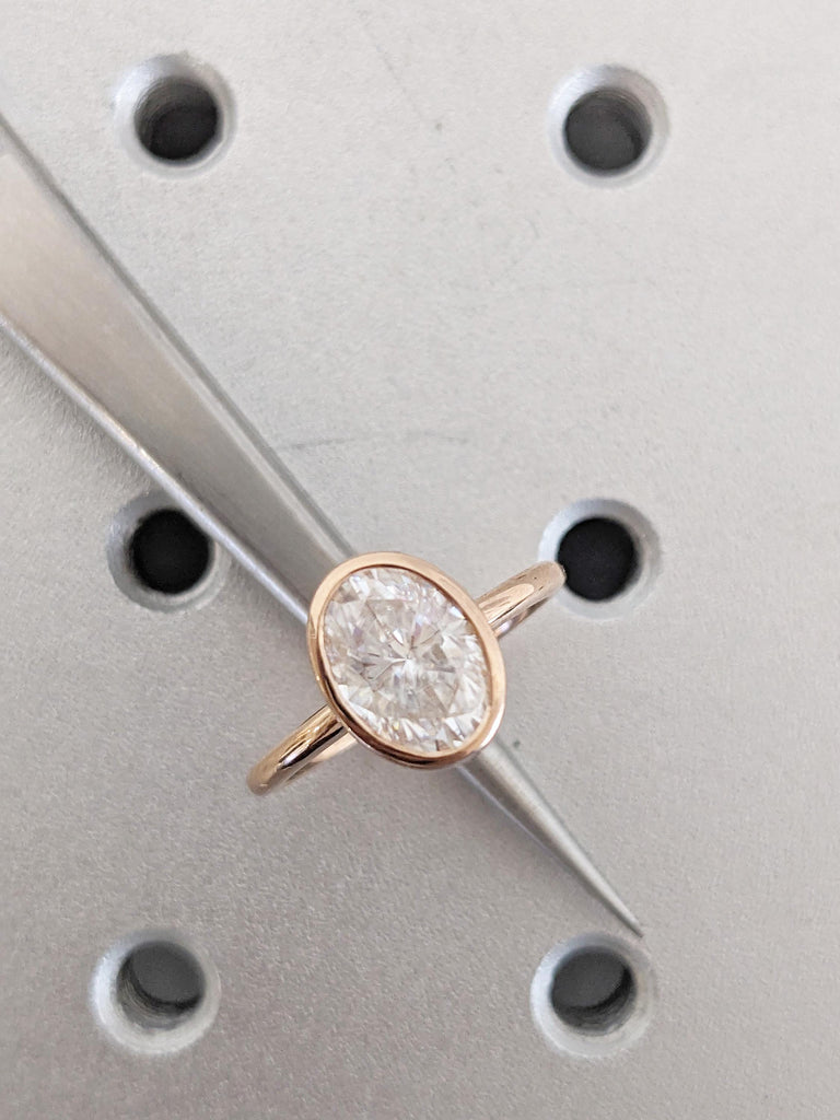 Certified Lab Grown Diamond Engagement Ring, 14K Rose Gold Oval Cut Unique Diamond Ring, Bezel Set Diamond Wedding Ring, Lab Diamond Jewelry