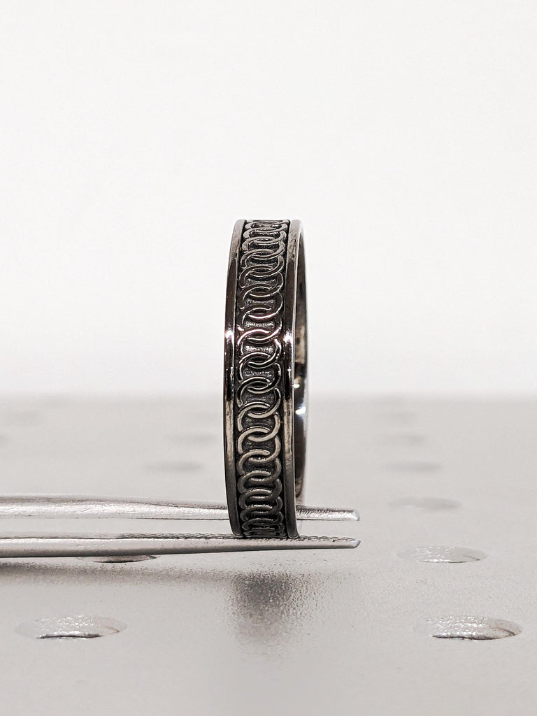 Black Gold Wedding Band, Chain Pattern Men’s Engagement Ring, 14K Solid Polished Band, Endless Love 5mm, Custom Anniversary Band For Him