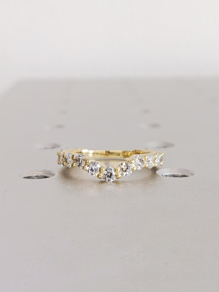 Round Diamond Half Eternity Wedding Ring, 14K Yellow Gold Curved Matching Band, Engagement Stacking Ring