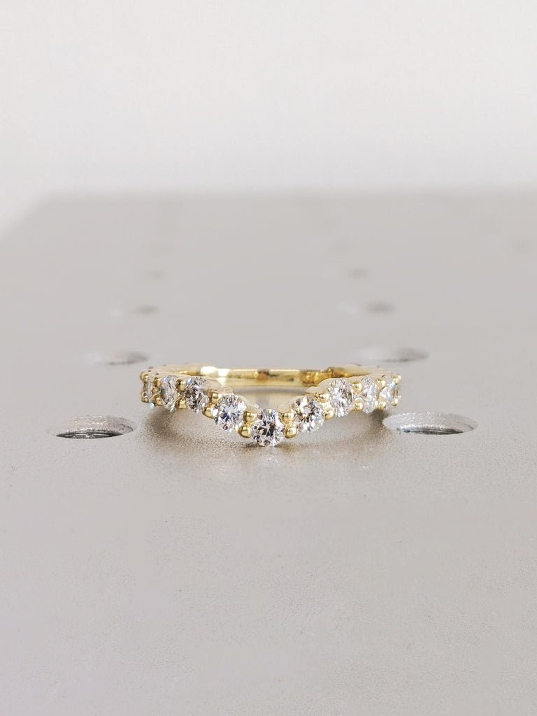 Round Diamond Half Eternity Wedding Ring, 14K Yellow Gold Curved Matching Band, Engagement Stacking Ring