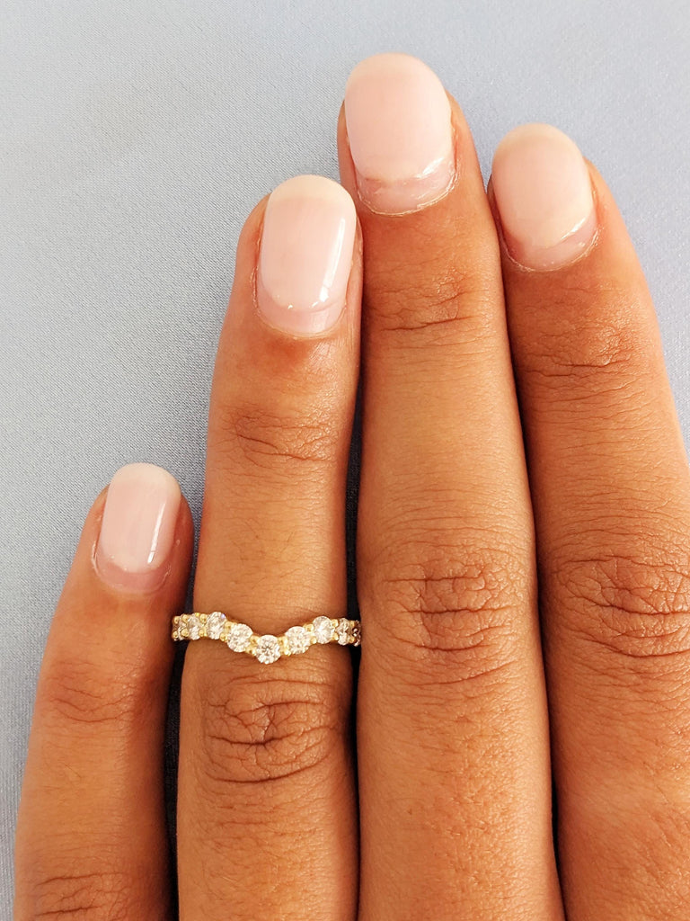Round Diamond Half Eternity Wedding Ring, 14K Yellow Gold Curved Matching Band, Engagement Stacking Ring
