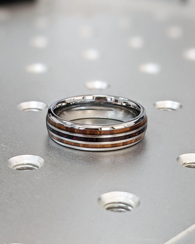 6MM Koa Wood and Opal Tungsten Ring | Silver Tungsten Carbide Ring | Koa Wood Opal Inlay Wedding Band | Domed Polished 6mm Mens Wedding Ring