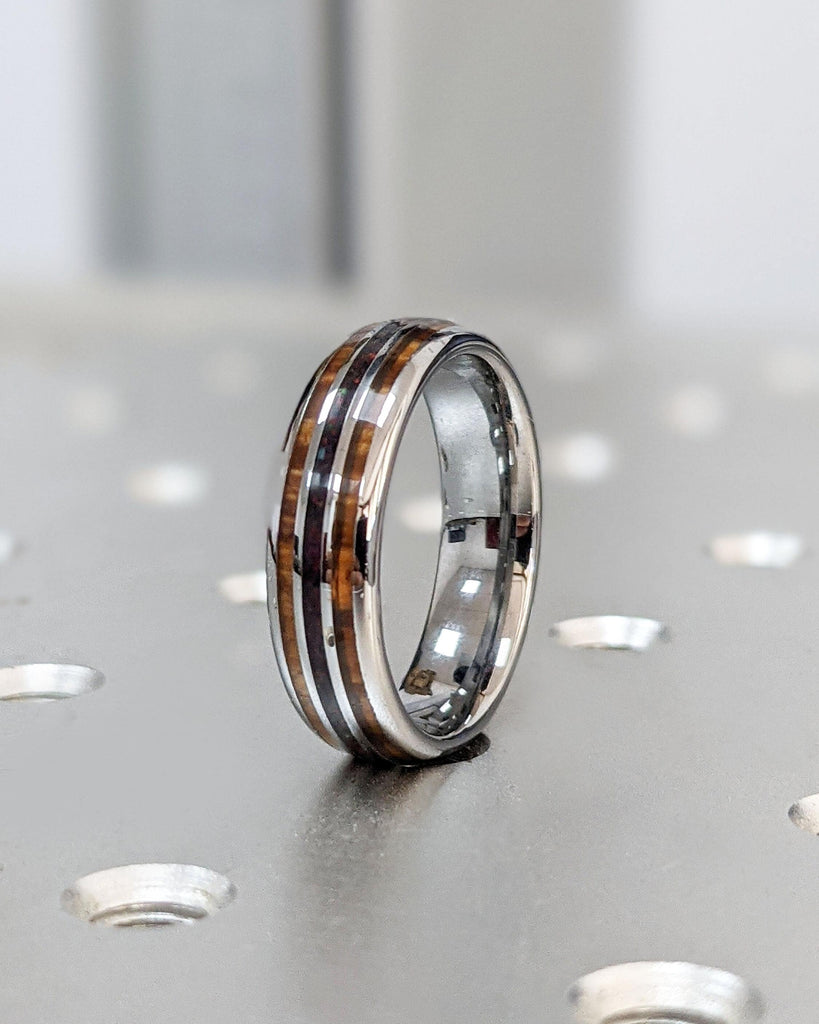 6MM Koa Wood and Opal Tungsten Ring | Silver Tungsten Carbide Ring | Koa Wood Opal Inlay Wedding Band | Domed Polished 6mm Mens Wedding Ring