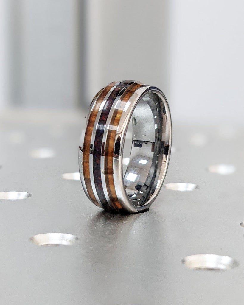 8MM Koa Wood and Opal Tungsten Ring | Silver Tungsten Carbide Ring | Koa Wood Opal Inlay Wedding Band | Domed Polished 8mm Mens Wedding Ring