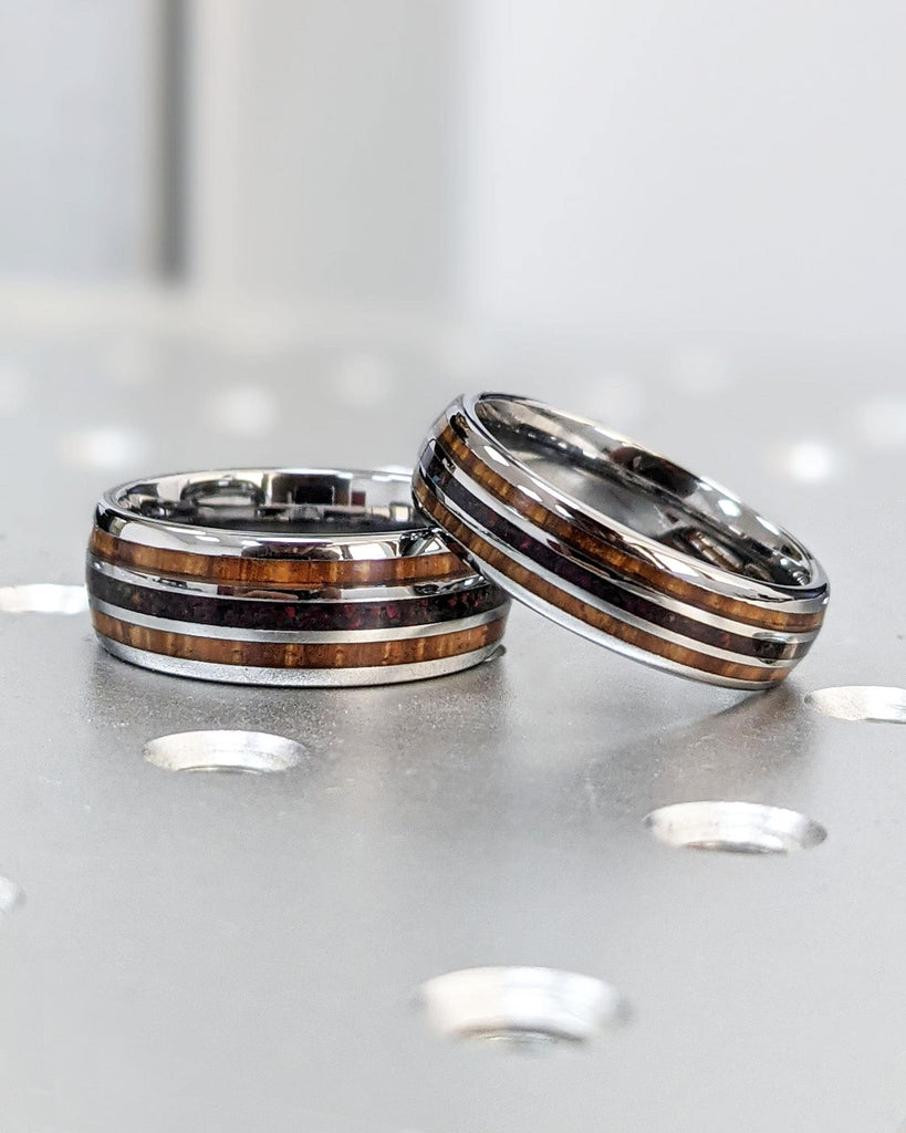 8mm Wedding Band Silver Tungsten Carbide Ring - Koa Wood and Opal Inlays - Comfort Fit - Domed - Polished Finish - Women's or Men's Ring